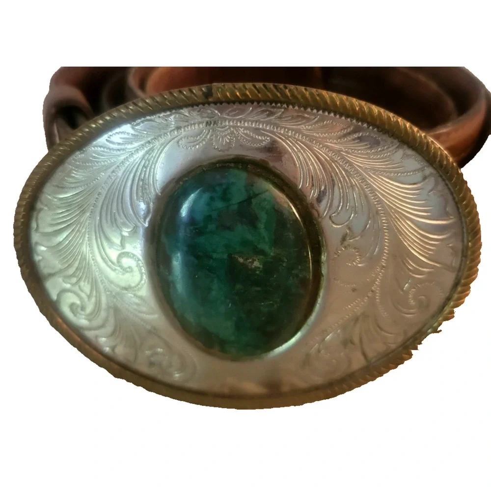 VTG Jade & Nickel Silver Belt Buckle Floral Western Cowgirl Cowboy 2.75 x 3.7